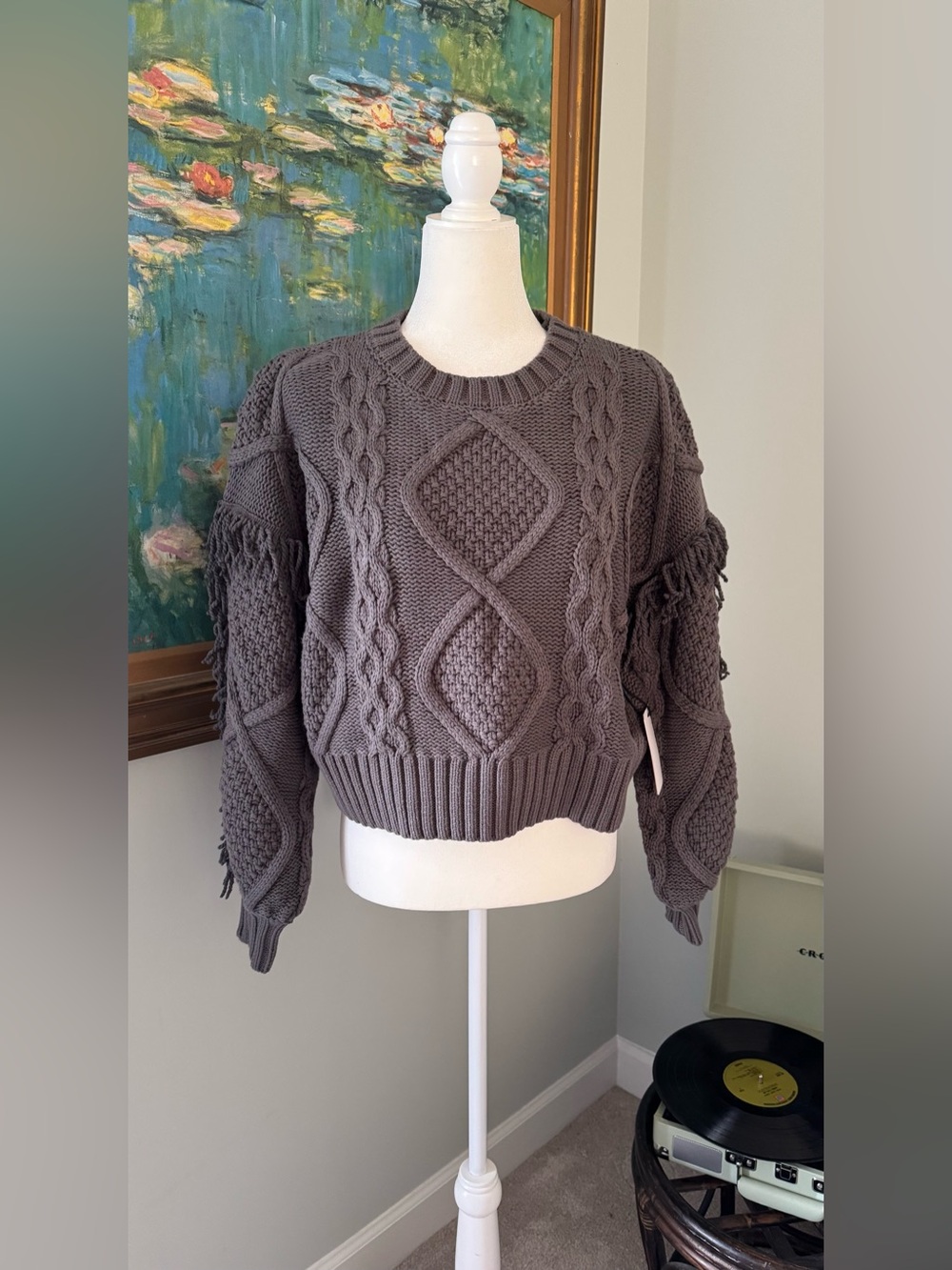 NWT Anthropologie Line & Dot Jasper Fringe Cropped Cable Knit Sweater Small